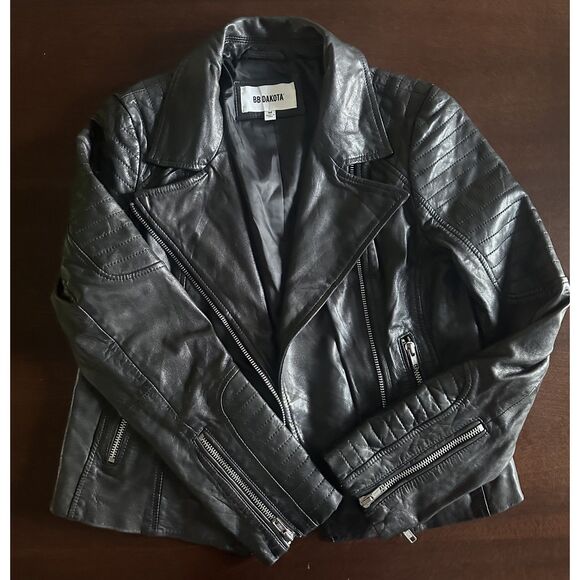BB Dakota Moto Real Leather Jacket Black Asymmetrical Silver Zipper Modern Edgy - Picture 1 of 15